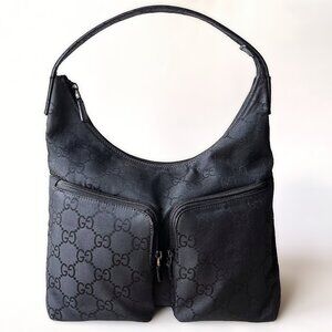 Authentic GUCCI GG Monogram Black Nylon Canvas Shoulder Bag 105648 002214